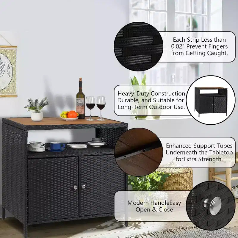 Meuble de rangement d'extérieur en rotin - Noir et marron, résistant aux intempéries, pour patio/jardin/terrasse