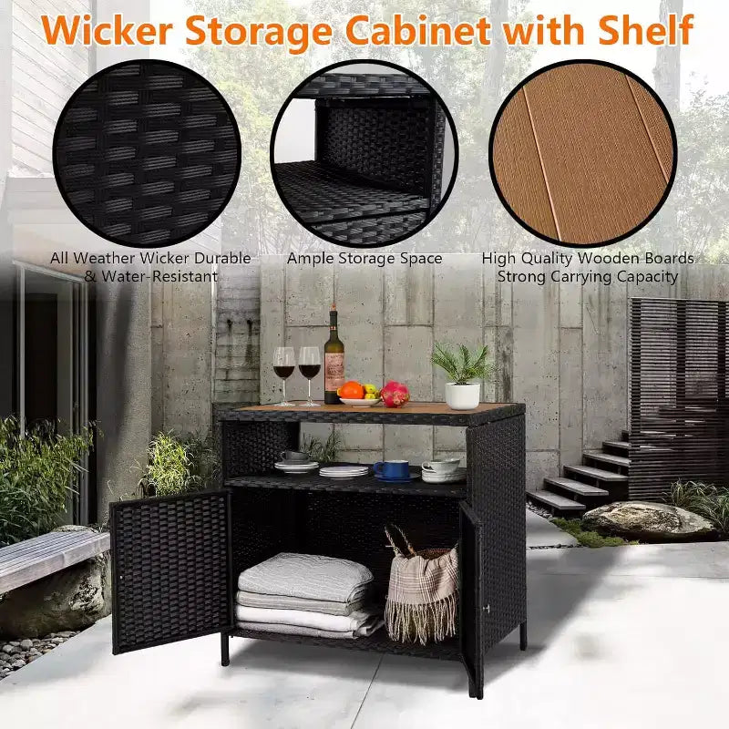 Meuble de rangement d'extérieur en rotin - Noir et marron, résistant aux intempéries, pour patio/jardin/terrasse