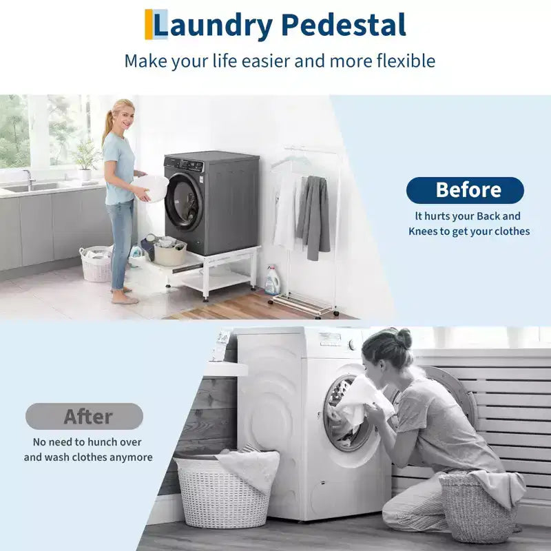 Pieds de lave-linge et sèche-linge de 27 po de largeur avec étagère coulissante, piédestal de lessive de 16 po de hauteur avec patins anti-vibration réglables, bac de récupération et tuyau, 1000 lb