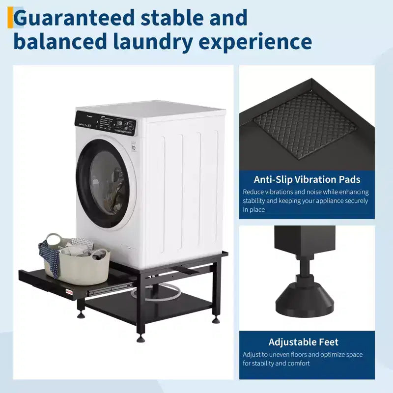Pieds de lave-linge et sèche-linge de 27 po de largeur avec étagère coulissante, piédestal de lessive de 16 po de hauteur avec patins anti-vibration réglables, bac de récupération et tuyau, 1000 lb