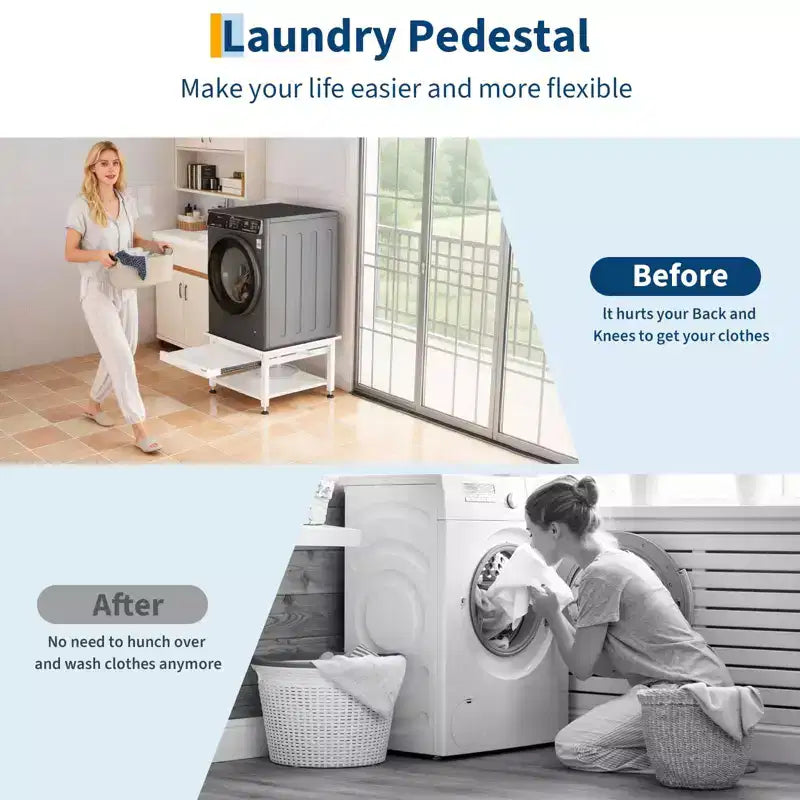 Pieds de lave-linge et sèche-linge de 27 po de largeur avec étagère coulissante, piédestal de lessive de 16 po de hauteur avec patins anti-vibration réglables, bac de récupération et tuyau, 1000 lb