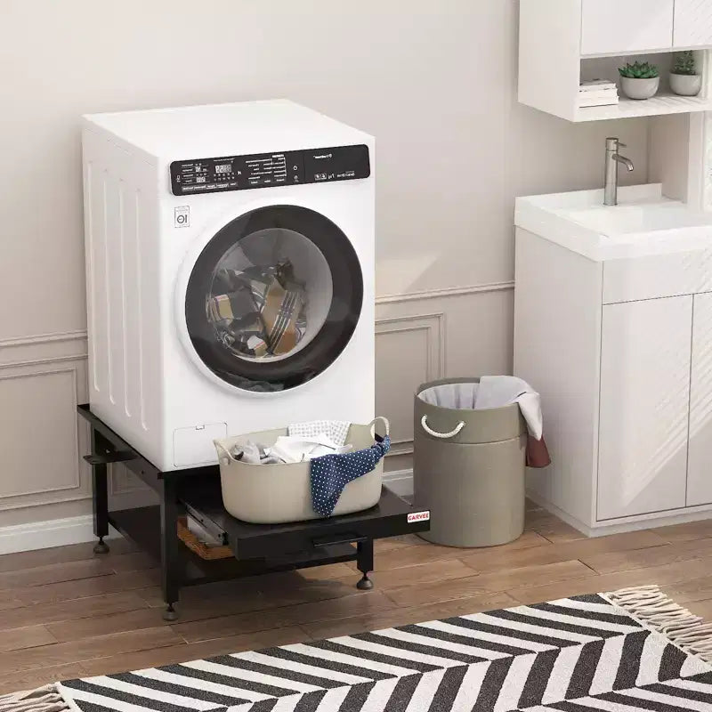 Pieds de lave-linge et sèche-linge de 27 po de largeur avec étagère coulissante, piédestal de lessive de 16 po de hauteur avec patins anti-vibration réglables, bac de récupération et tuyau, 1000 lb