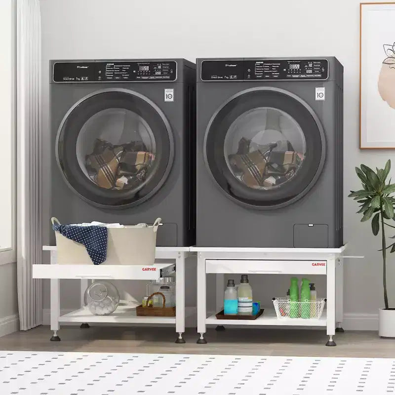 Pieds de lave-linge et sèche-linge de 27 po de largeur avec étagère coulissante, piédestal de lessive de 16 po de hauteur avec patins anti-vibration réglables, bac de récupération et tuyau, 1000 lb