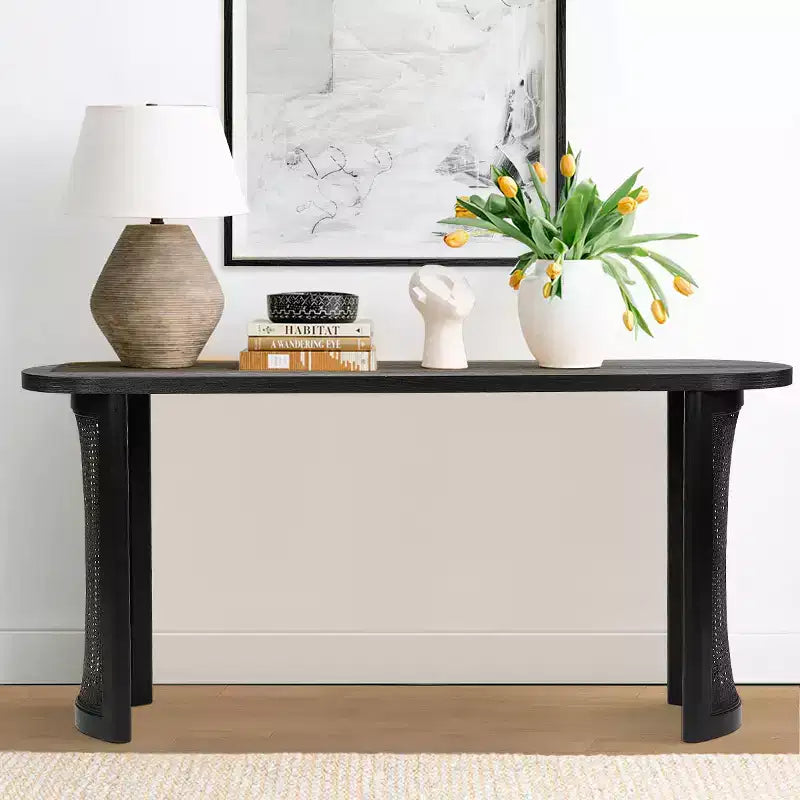 Console de 60 po avec piètement en rotin, Table de canapé étroite, Table d'entrée moderne pour couloir, salon et foyer - Panipeachy