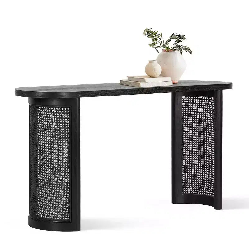 Console de 60 po avec piètement en rotin, Table de canapé étroite, Table d'entrée moderne pour couloir, salon et foyer - Panipeachy