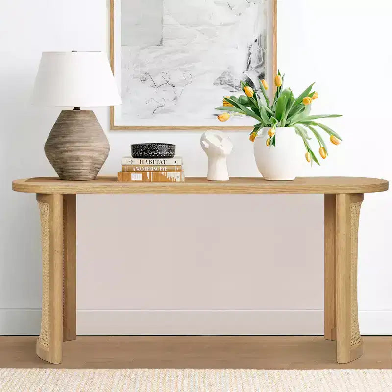 Console de 60 po avec piètement en rotin, Table de canapé étroite, Table d'entrée moderne pour couloir, salon et foyer - Panipeachy