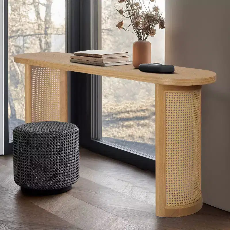 Console de 60 po avec piètement en rotin, Table de canapé étroite, Table d'entrée moderne pour couloir, salon et foyer - Panipeachy