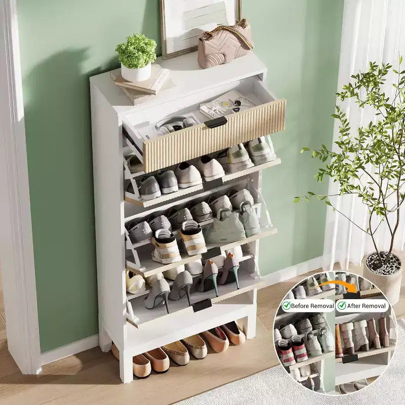 Meuble à chaussures avec 3 tiroirs basculants et 1 tiroir de rangement, meuble à chaussures étroit de 61 cm de large avec étagère réglable