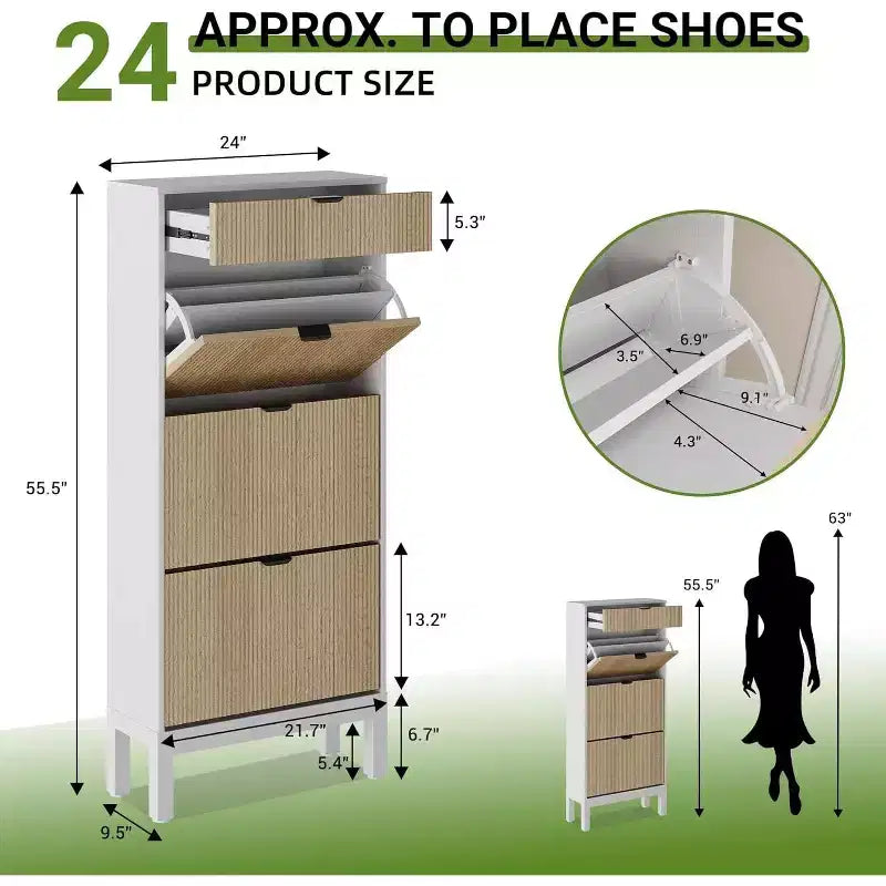 Meuble à chaussures avec 3 tiroirs basculants et 1 tiroir de rangement, meuble à chaussures étroit de 61 cm de large avec étagère réglable