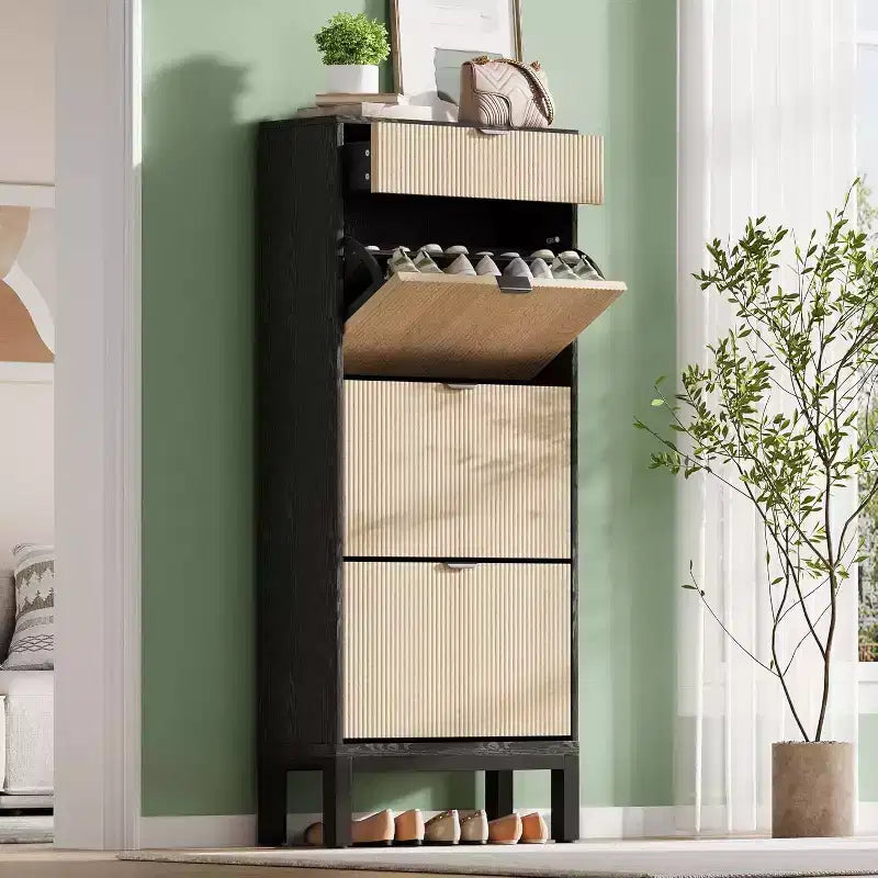 Meuble à chaussures avec 3 tiroirs basculants et 1 tiroir de rangement, meuble à chaussures étroit de 61 cm de large avec étagère réglable
