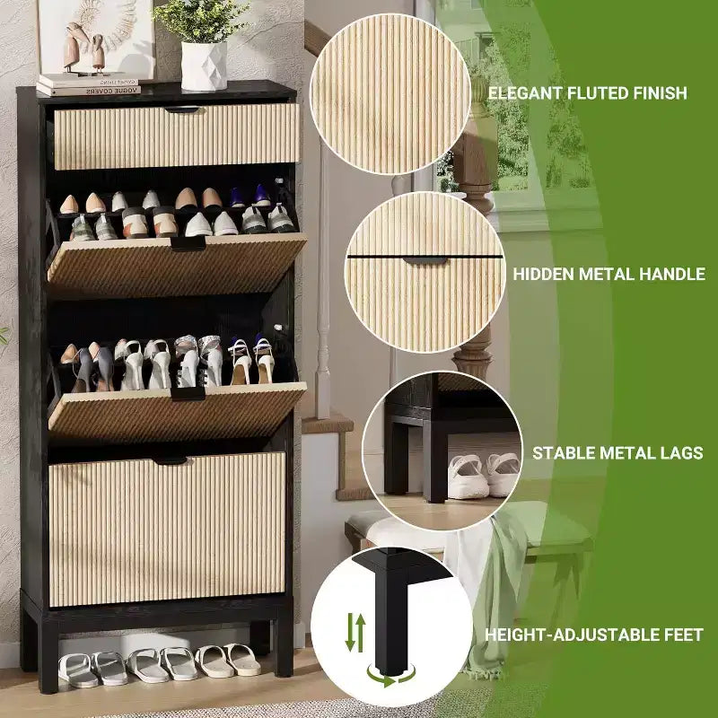 Meuble à chaussures avec 3 tiroirs basculants et 1 tiroir de rangement, meuble à chaussures étroit de 61 cm de large avec étagère réglable