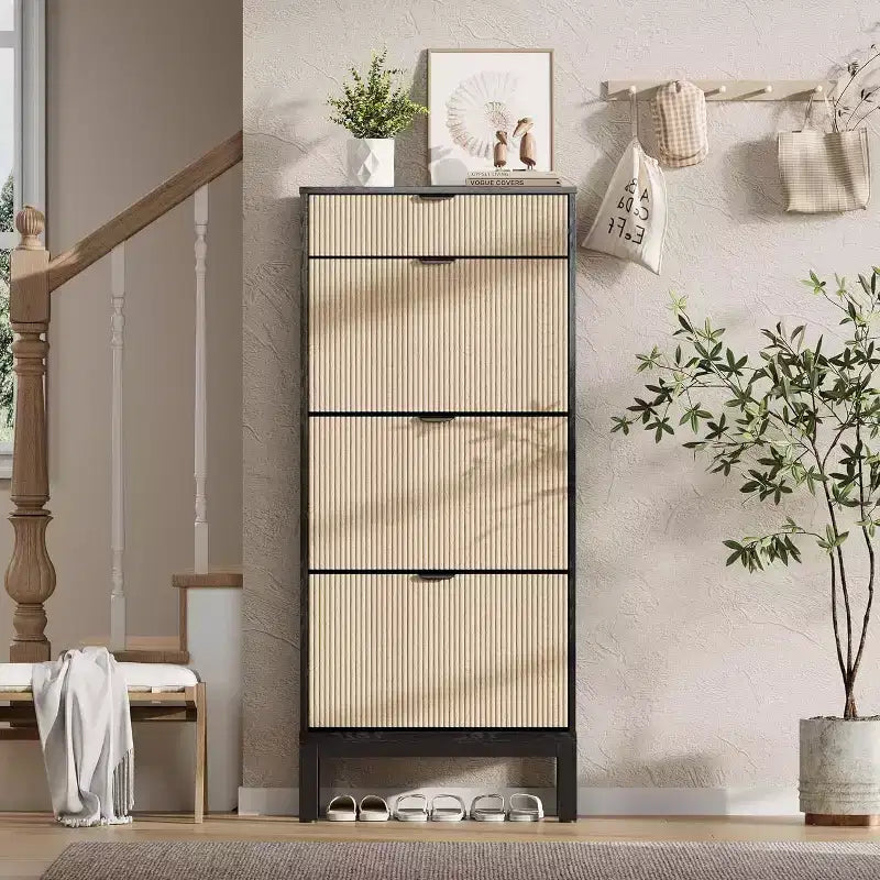 Shoe Storage Cabinet with 3 Flip Drawers & 1 Storage Drawer, 24'' W Narrow Shoe Cabinet with Adjustable Shelf