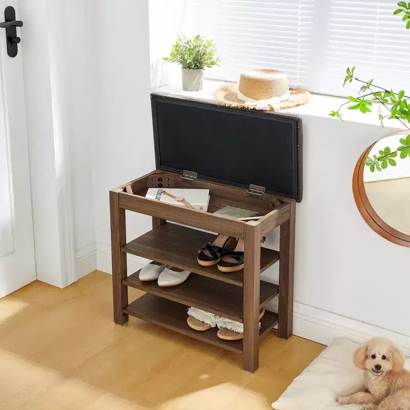 Banc à chaussures long en caoutchouc naturel avec rangement dissimulé – Organisateur d'entrée style nordique