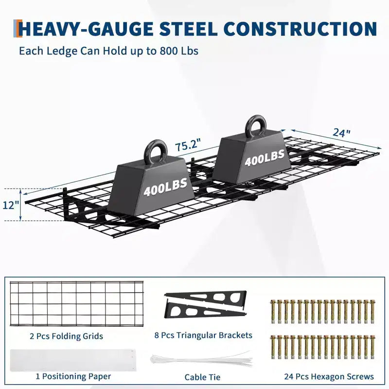 Lot de 2 étagères de rangement 60x180cm, capacité de charge totale 360 kg, étagères murales robustes pour garage, étagères murales métalliques antirouille, installation facile