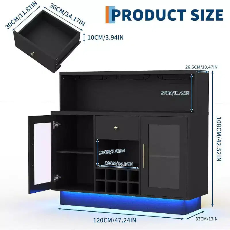 Acekool Meuble de bar rustique noir de 120 cm, porte vitrée verrouillable, rangement vin et café, pour cuisine, salon, salle de jeux