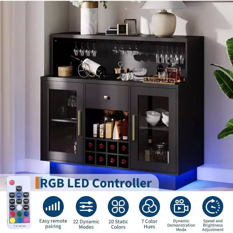 Acekool Meuble de bar rustique noir de 120 cm, porte vitrée verrouillable, rangement vin et café, pour cuisine, salon, salle de jeux