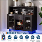 Acekool Meuble de bar rustique noir de 120 cm, porte vitrée verrouillable, rangement vin et café, pour cuisine, salon, salle de jeux