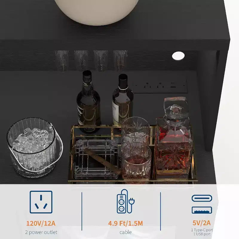 Acekool Meuble de bar rustique noir de 120 cm, porte vitrée verrouillable, rangement vin et café, pour cuisine, salon, salle de jeux