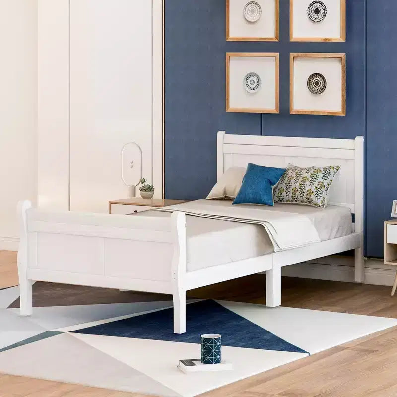 Cadre de lit plateforme double Bellemave en bois avec tête et pied de lit, support à lattes en bois massif, aucun sommier tapissier requis, assemblage facile pour enfants et adolescents
