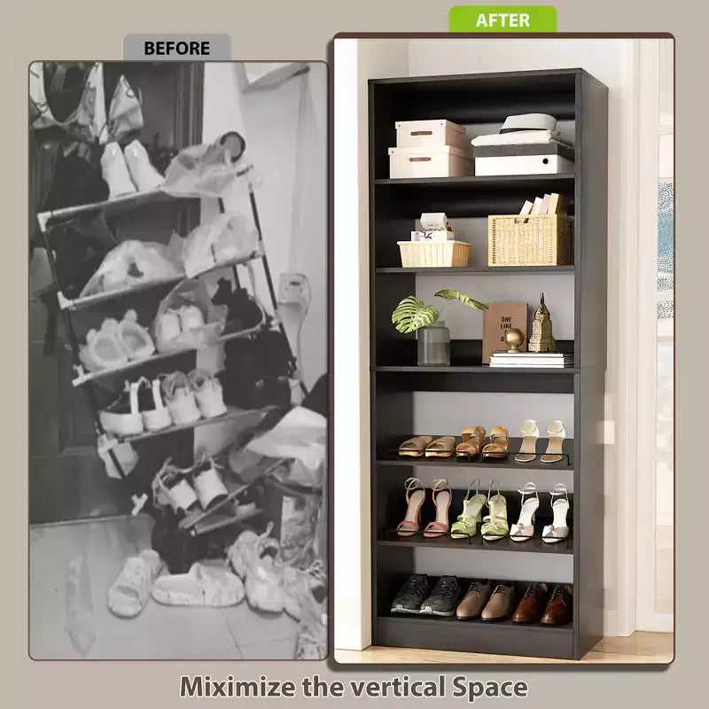 Besiost Tour de rangement à chaussures à 6 niveaux, organisateur de chaussures en bois de 203 cm de haut sur pied