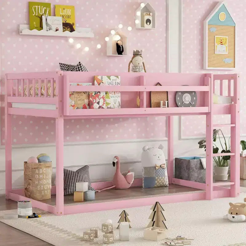 Lit superposé simple en bois massif Okak avec étagères de rangement et échelle, cadre de lit contemporain pour chambre à coucher, chambre d'enfant