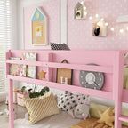 Lit superposé simple en bois massif Okak avec étagères de rangement et échelle, cadre de lit contemporain pour chambre à coucher, chambre d'enfant