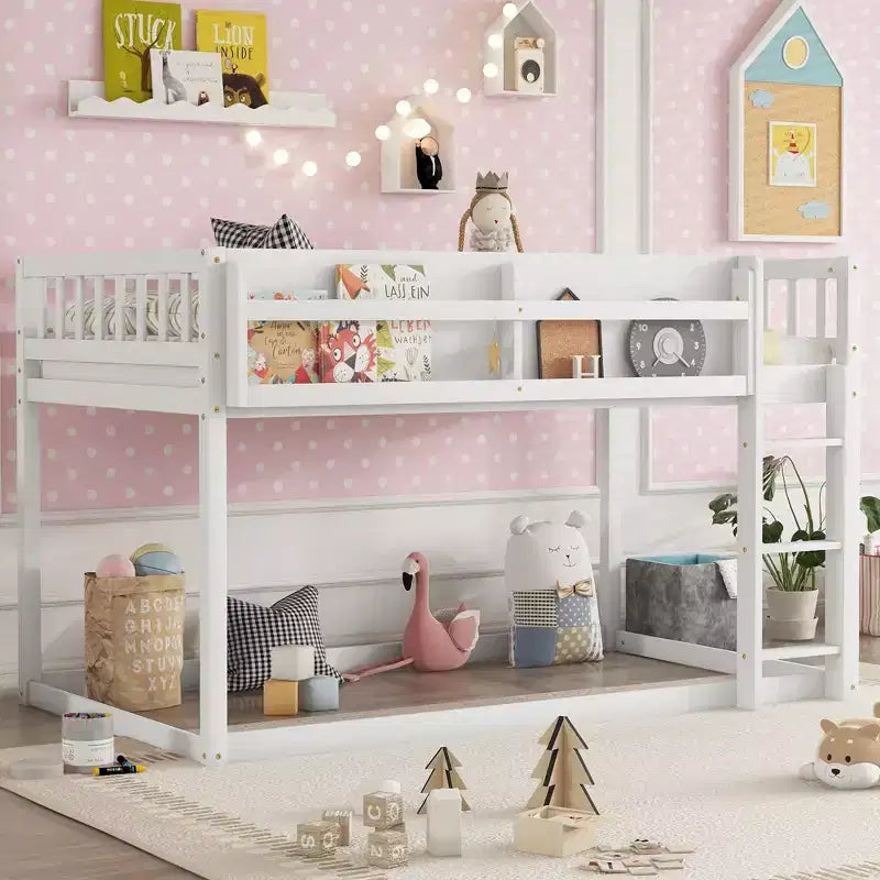 Lit superposé simple en bois massif Okak avec étagères de rangement et échelle, cadre de lit contemporain pour chambre à coucher, chambre d'enfant