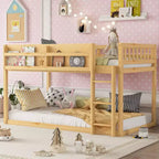 Lit superposé simple en bois massif Okak avec étagères de rangement et échelle, cadre de lit contemporain pour chambre à coucher, chambre d'enfant