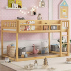 Lit superposé simple en bois massif Okak avec étagères de rangement et échelle, cadre de lit contemporain pour chambre à coucher, chambre d'enfant