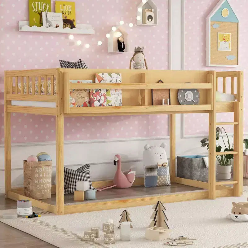 Lit superposé simple en bois massif Okak avec étagères de rangement et échelle, cadre de lit contemporain pour chambre à coucher, chambre d'enfant