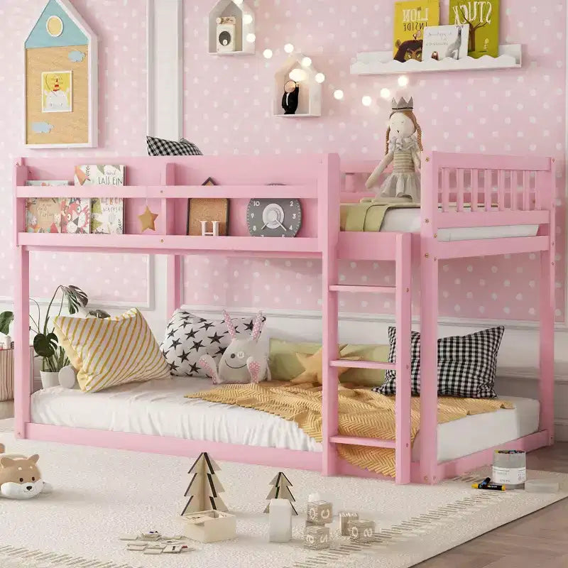 Lit superposé simple en bois massif Okak avec étagères de rangement et échelle, cadre de lit contemporain pour chambre à coucher, chambre d'enfant