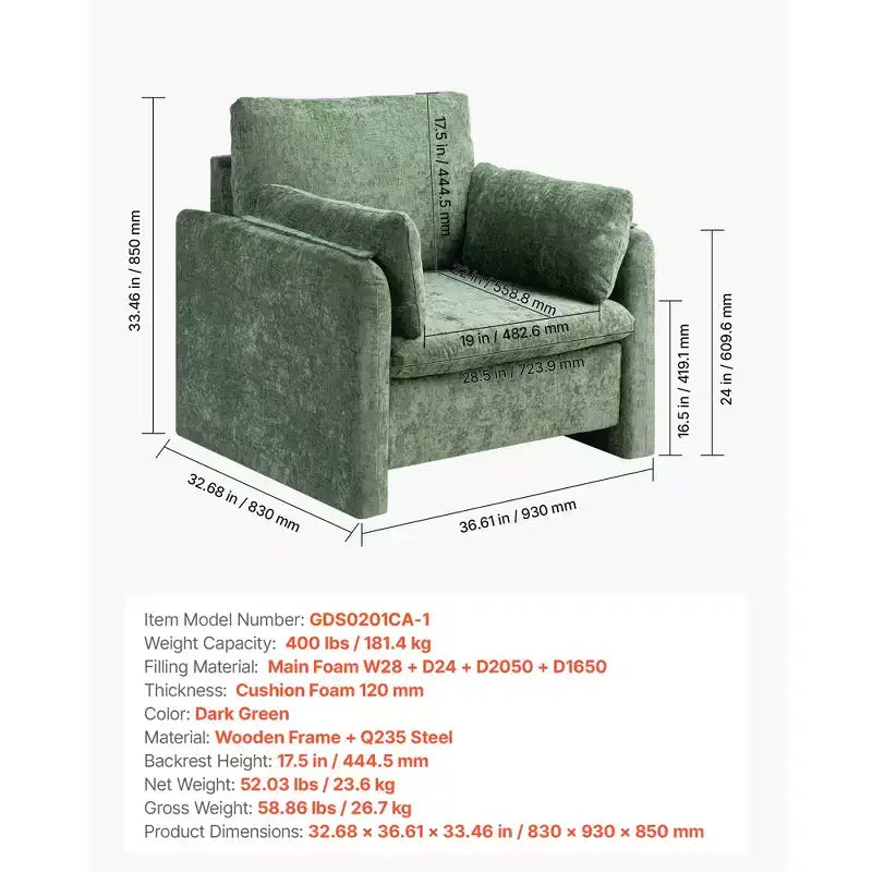 Fauteuil d'appoint vert VEVOR, fauteuil d'appoint moderne rembourré avec accoudoirs, fauteuil en tissu avec coussin épais et dossier arqué, vert