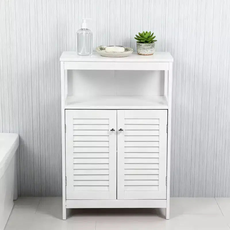 AEELLEEA Meuble de rangement de salle de bain blanc en bois imperméable sur pied avec étagère amovible et portes persiennes pour maison et hôtel, blanc