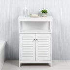 AEELLEEA Meuble de rangement de salle de bain blanc en bois imperméable sur pied avec étagère amovible et portes persiennes pour maison et hôtel, blanc