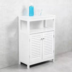 AEELLEEA Meuble de rangement de salle de bain blanc en bois imperméable sur pied avec étagère amovible et portes persiennes pour maison et hôtel, blanc