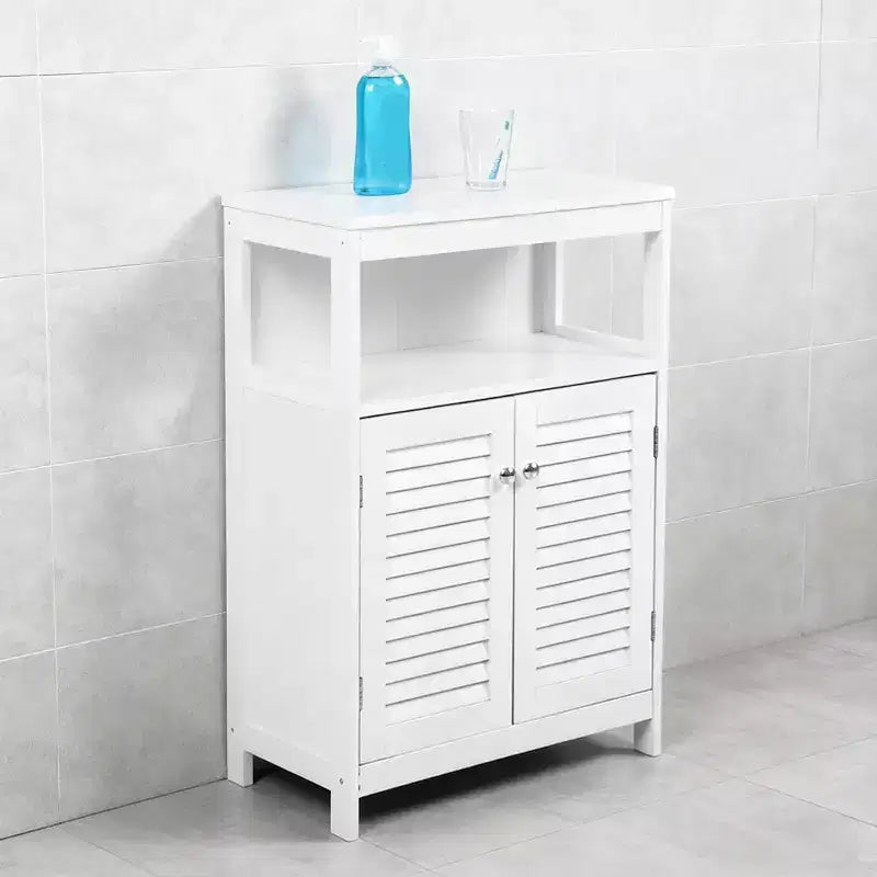 AEELLEEA Meuble de rangement de salle de bain blanc en bois imperméable sur pied avec étagère amovible et portes persiennes pour maison et hôtel, blanc