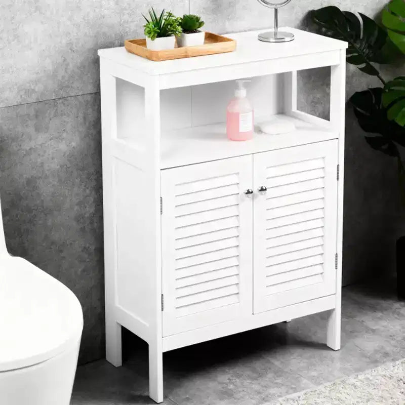 AEELLEEA Meuble de rangement de salle de bain blanc en bois imperméable sur pied avec étagère amovible et portes persiennes pour maison et hôtel, blanc