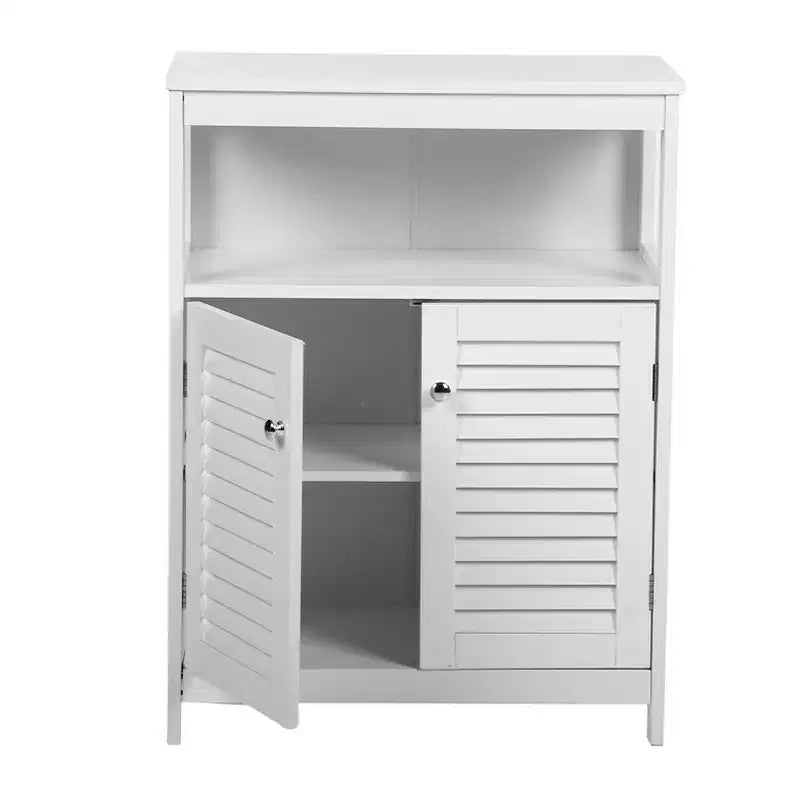 AEELLEEA Meuble de rangement de salle de bain blanc en bois imperméable sur pied avec étagère amovible et portes persiennes pour maison et hôtel, blanc