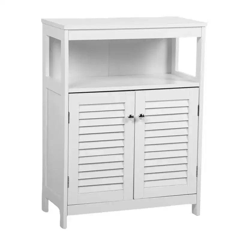 AEELLEEA Meuble de rangement de salle de bain blanc en bois imperméable sur pied avec étagère amovible et portes persiennes pour maison et hôtel, blanc