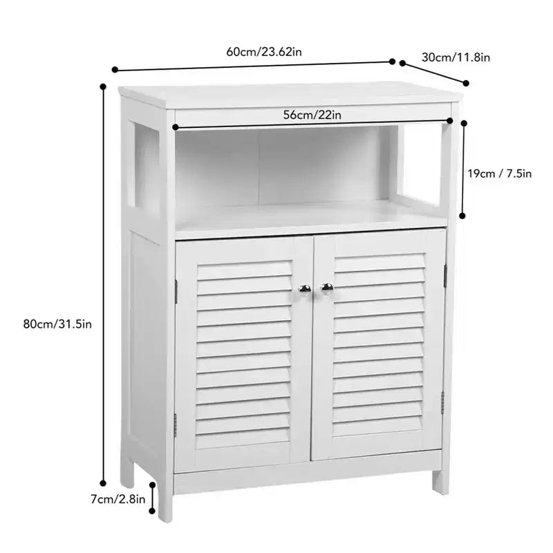 AEELLEEA Meuble de rangement de salle de bain blanc en bois imperméable sur pied avec étagère amovible et portes persiennes pour maison et hôtel, blanc