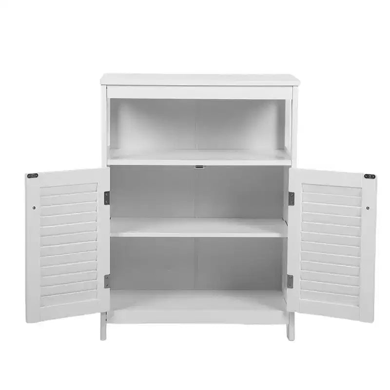AEELLEEA Meuble de rangement de salle de bain blanc en bois imperméable sur pied avec étagère amovible et portes persiennes pour maison et hôtel, blanc