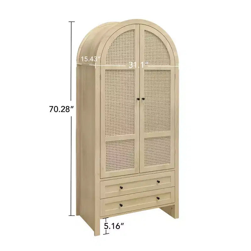 Grand garde-manger de cuisine arqué de 70,28 po avec portes en rotin, meuble de rangement naturel avec 2 tiroirs et étagères réglables - Panipeachy