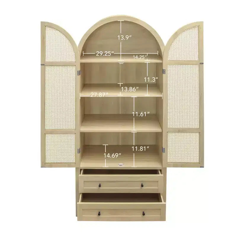 Grand garde-manger de cuisine arqué de 70,28 po avec portes en rotin, meuble de rangement naturel avec 2 tiroirs et étagères réglables - Panipeachy