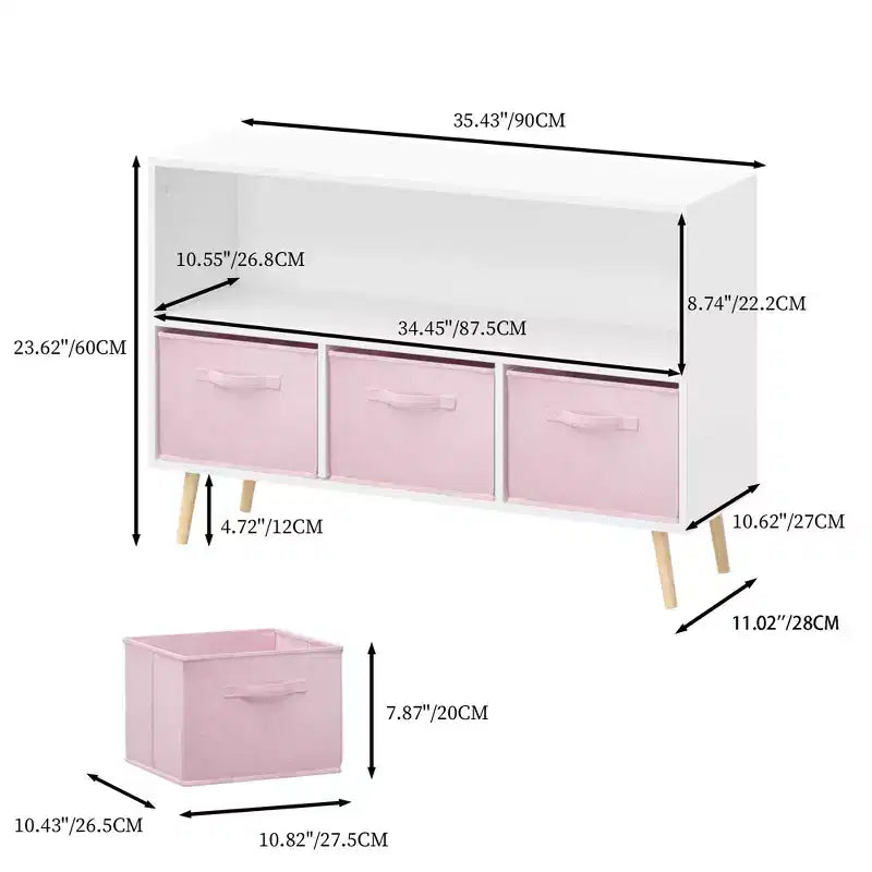 Bibliothèque pour enfants TUYOHW avec 3 tiroirs en tissu et étagère ouverte, étagère de rangement en MDF avec dispositif anti-basculement, organisateur de jouets pour salle de jeux et chambre à coucher
