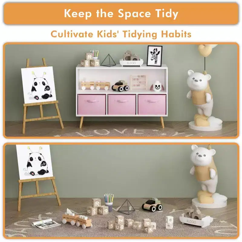 Bibliothèque pour enfants TUYOHW avec 3 tiroirs en tissu et étagère ouverte, étagère de rangement en MDF avec dispositif anti-basculement, organisateur de jouets pour salle de jeux et chambre à coucher