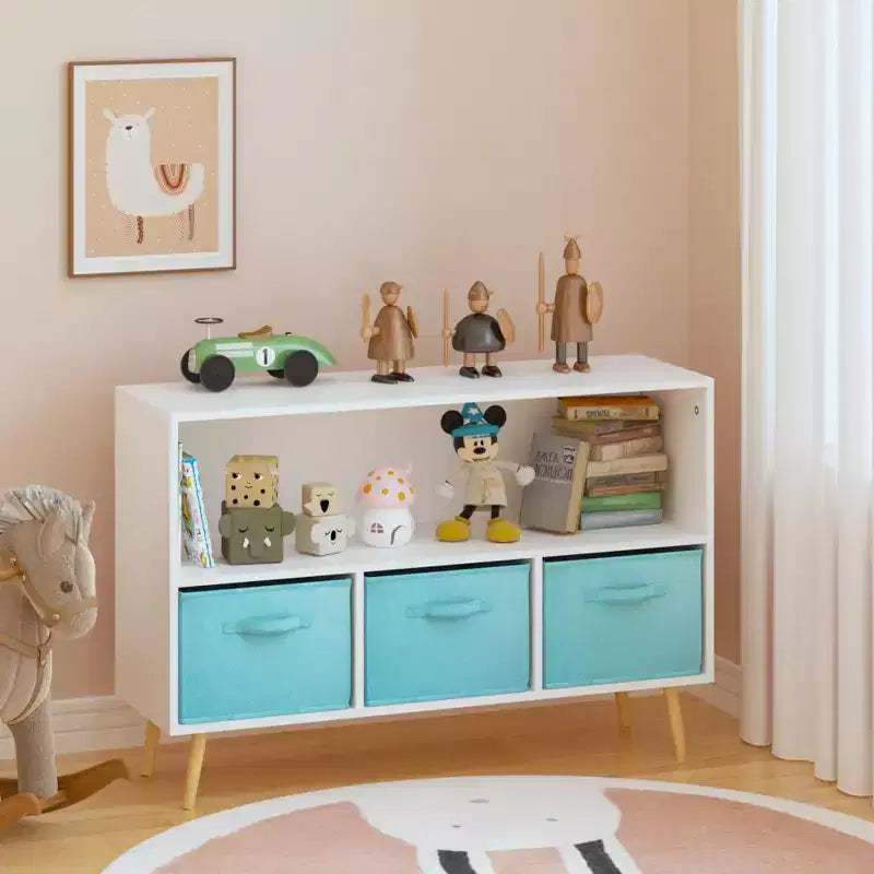 Bibliothèque pour enfants TUYOHW avec 3 tiroirs en tissu et étagère ouverte, étagère de rangement en MDF avec dispositif anti-basculement, organisateur de jouets pour salle de jeux et chambre à coucher