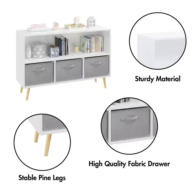 Bibliothèque pour enfants TUYOHW avec 3 tiroirs en tissu et étagère ouverte, étagère de rangement en MDF avec dispositif anti-basculement, organisateur de jouets pour salle de jeux et chambre à coucher
