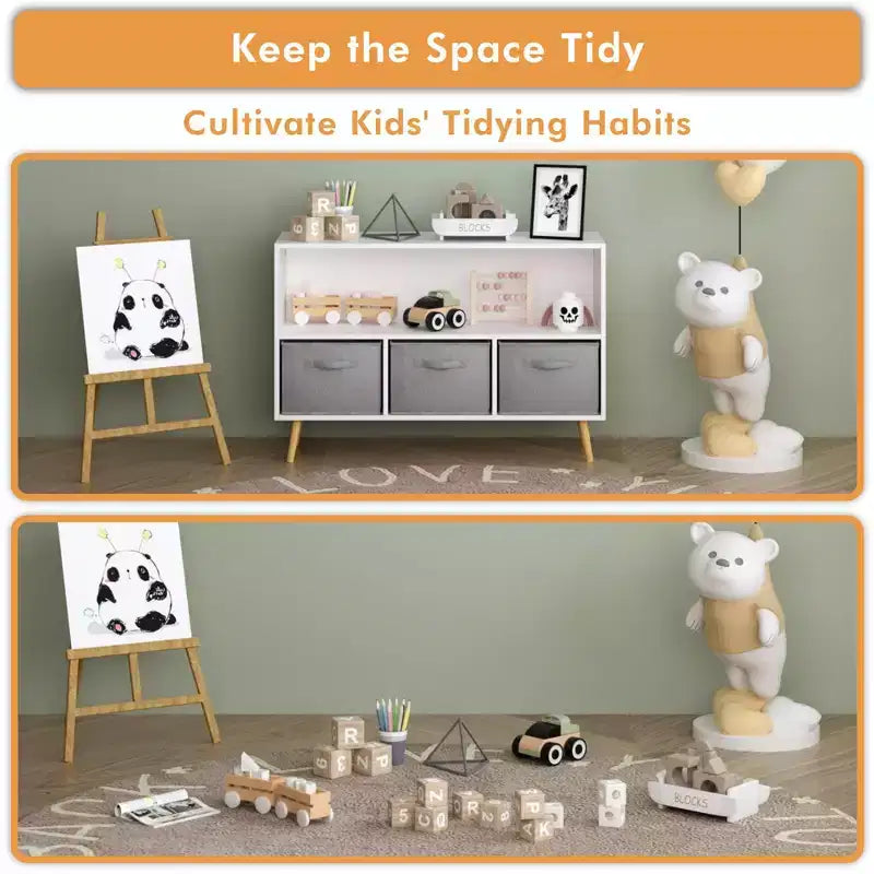 Bibliothèque pour enfants TUYOHW avec 3 tiroirs en tissu et étagère ouverte, étagère de rangement en MDF avec dispositif anti-basculement, organisateur de jouets pour salle de jeux et chambre à coucher
