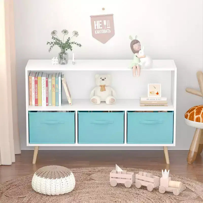 Bibliothèque pour enfants TUYOHW avec 3 tiroirs en tissu et étagère ouverte, étagère de rangement en MDF avec dispositif anti-basculement, organisateur de jouets pour salle de jeux et chambre à coucher
