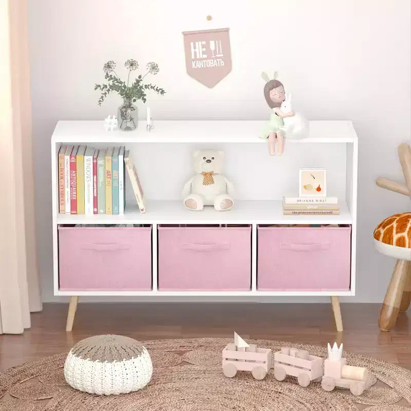Bibliothèque pour enfants TUYOHW avec 3 tiroirs en tissu et étagère ouverte, étagère de rangement en MDF avec dispositif anti-basculement, organisateur de jouets pour salle de jeux et chambre à coucher